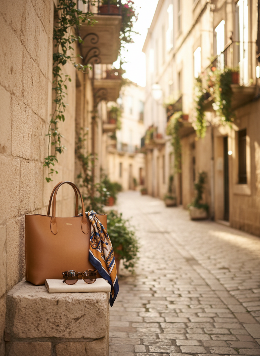 A narrow, sun-drenched cobblestone alley in a European old town, captured from waist level, lined with pale stone walls and wrought-iron balconies draped in trailing greenery. In the foreground, a minimalist still life of travel style essentials rests on a low stone ledge: a structured tan leather tote, oversized tortoiseshell sunglasses folded atop a linen notebook, and a silk scarf casually draped over the bag’s edge. Soft late-morning natural light creates gentle highlights on the leather and glass lenses, with subtle shadows adding depth. The photographic composition uses rule of thirds and shallow depth of field, achieving a refined, sophisticated mood that blends fashion and place seamlessly.