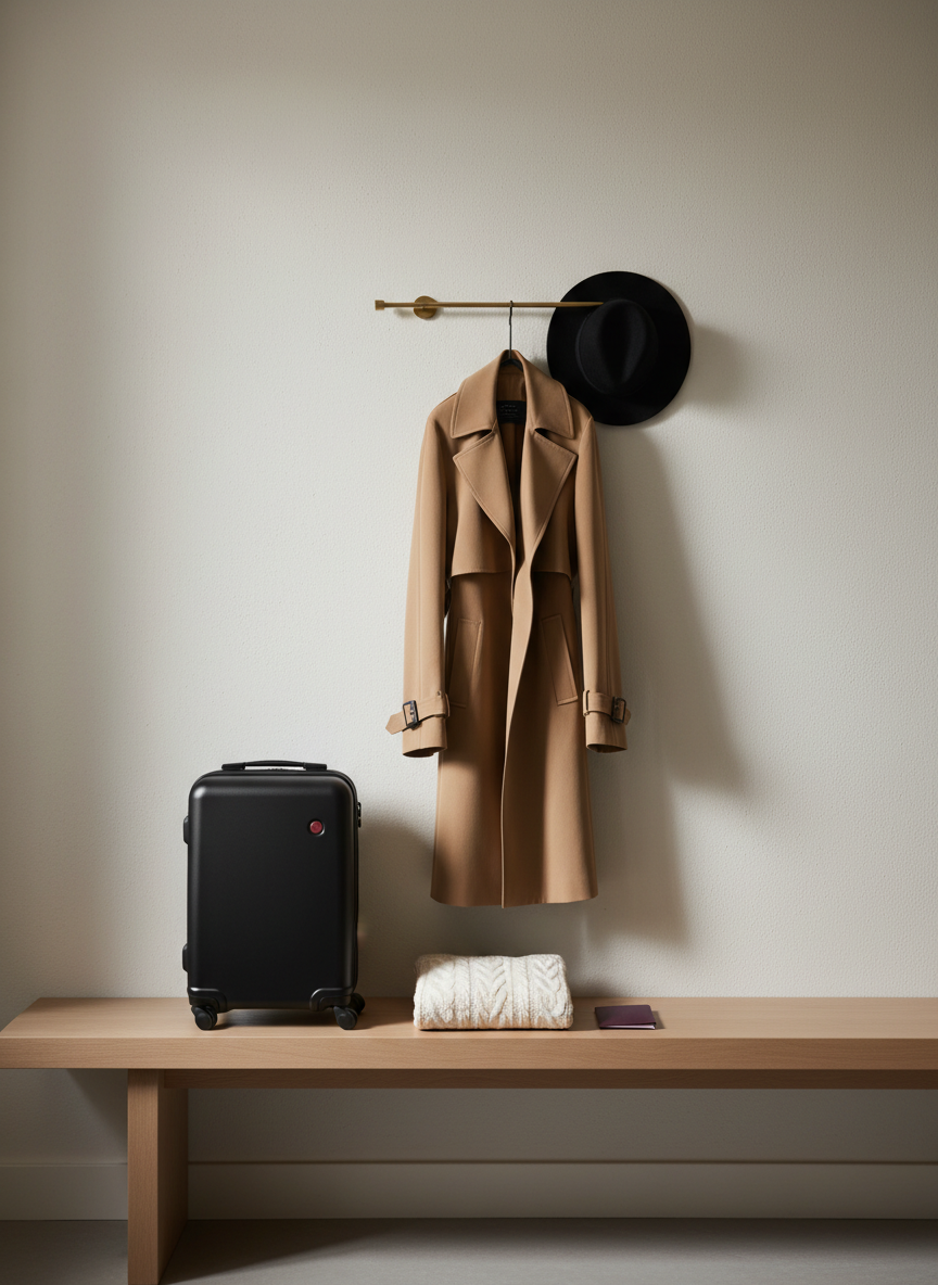 A minimalist boutique hotel room entryway featuring a slim brass wall hook holding a tailored camel trench coat and a structured black felt fedora, both hanging above a smooth, pale oak bench. On the bench, a compact black carry-on with matte finish stands upright, its telescoping handle neatly retracted, beside a folded cream cable-knit sweater and a slim leather passport holder in deep burgundy. Soft, diffused morning light filters in from an unseen window, creating gentle gradients on the wall and a calm, refined atmosphere. Captured at eye level with symmetrical composition and sharp focus, the photographic image conveys understated luxury and sophisticated travel style.