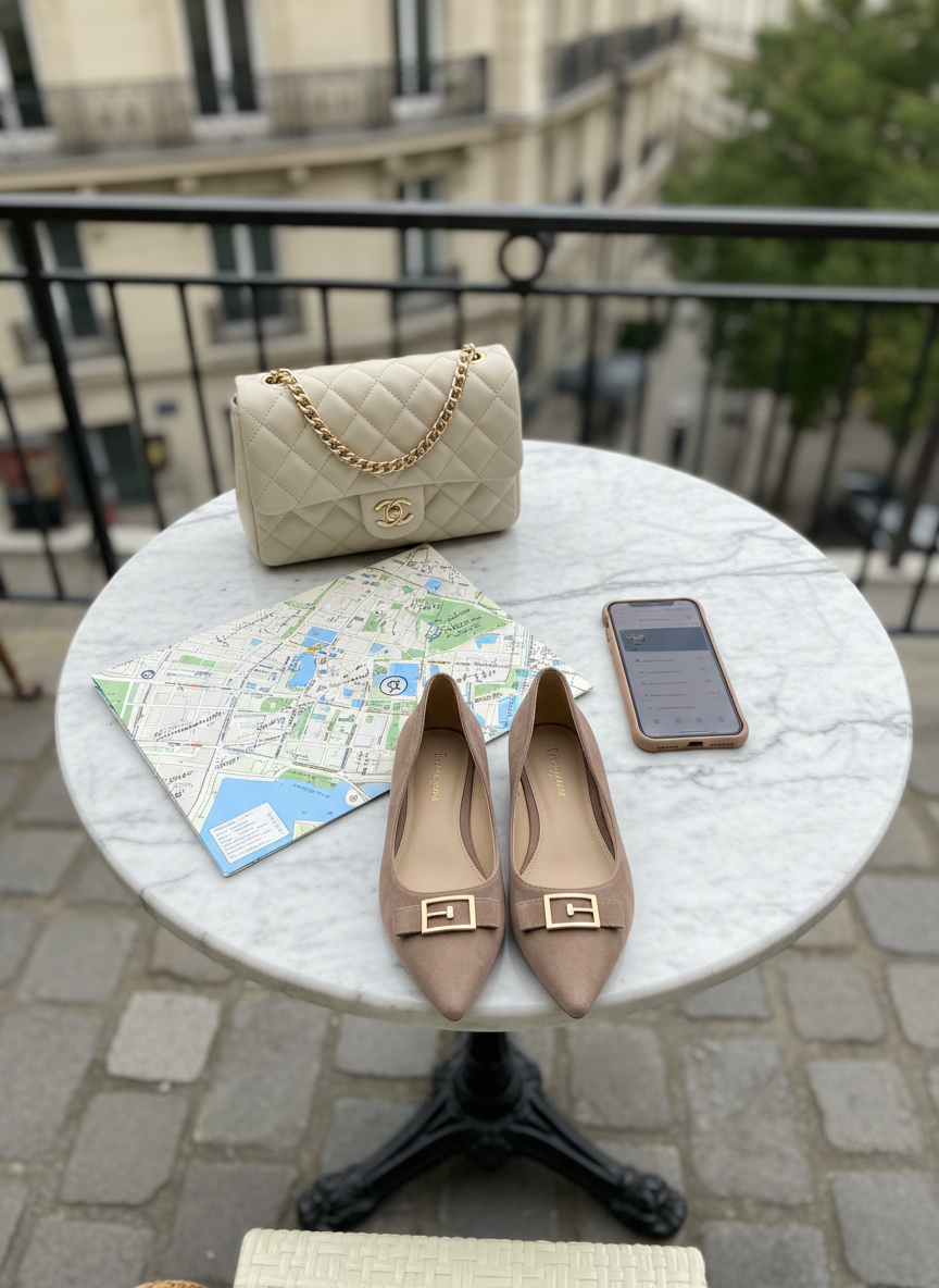 A marble-topped café table set on a Parisian sidewalk terrace, its black cast-iron base barely visible beneath. On the table, a carefully arranged flat lay of travel style elements: a small, quilted cream leather handbag with gold chain strap, a folded city map with handwritten notes, a slim smartphone in a nude case, and a pair of pointed-toe flats in soft taupe suede placed just at the edge of the frame. Soft overcast daylight diffuses across the scene, minimizing harsh shadows and emphasizing texture. Photographed from directly above with crisp focus and subtle background blur, the image feels polished, chic, and editorial, representing sophisticated city-break travel style in photographic realism.