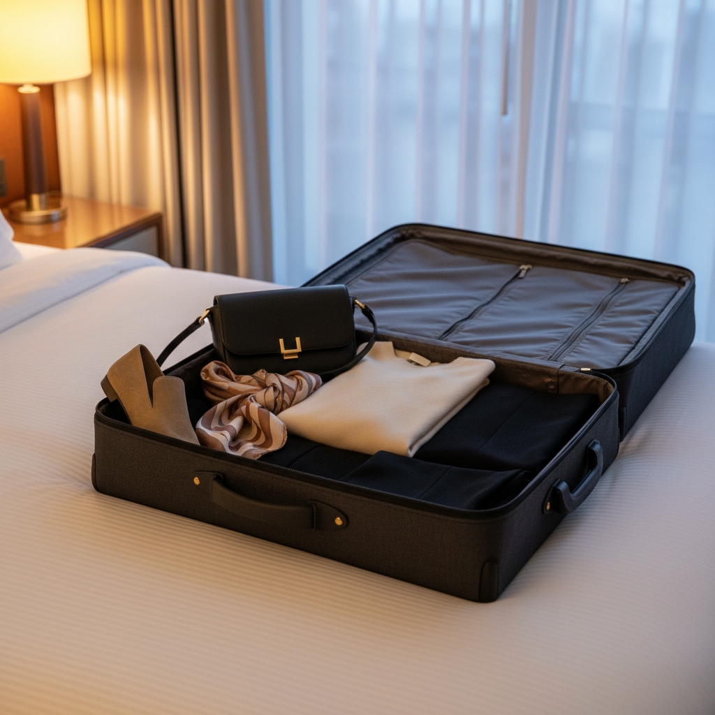 An open, charcoal linen suitcase lies on a crisp white hotel duvet, meticulously packed with neatly folded neutral-toned clothing: a camel cashmere sweater, a silk scarf in muted blush, and tailored black trousers. A structured black leather crossbody bag rests in one corner, alongside a pair of polished beige loafers. Warm bedside lamp light combines with soft twilight seeping through sheer curtains, creating a cozy, intimate glow. Shot from a slightly elevated angle with balanced composition, the scene exudes calm, organized luxury and chic travel style, rendered in clean photographic realism with a sophisticated, editorial mood.